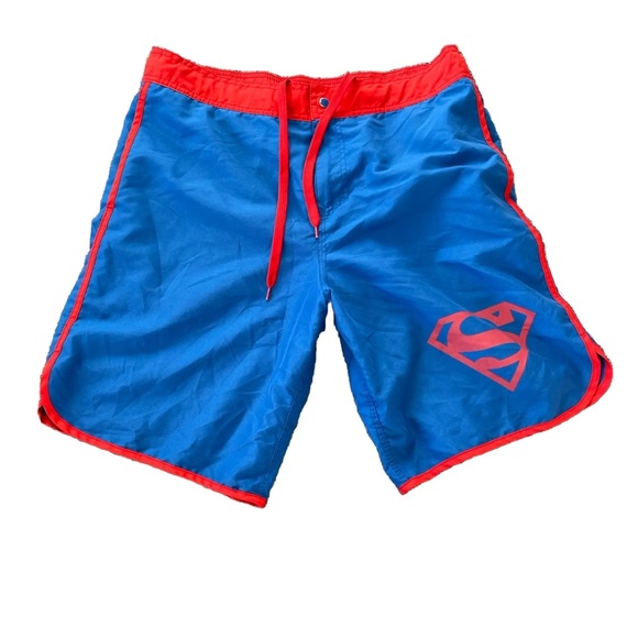 EUC DC Comics Superman Swim Trunks Basket Mesh 3 Pocket | Blue Red | Men’s Large - Picture 1 of 13